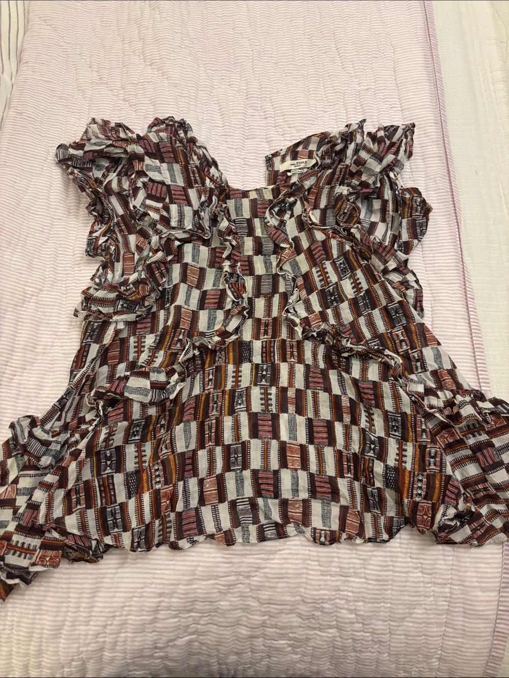 Isabel Marant Ruffled Geometric Patchwork Top in Brown, Cream & Rust